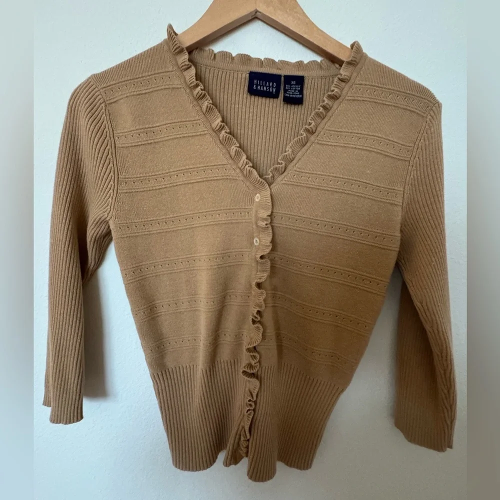 Hillard & Hanson Camel Ruffled Cardigan - Picture 2 of 8